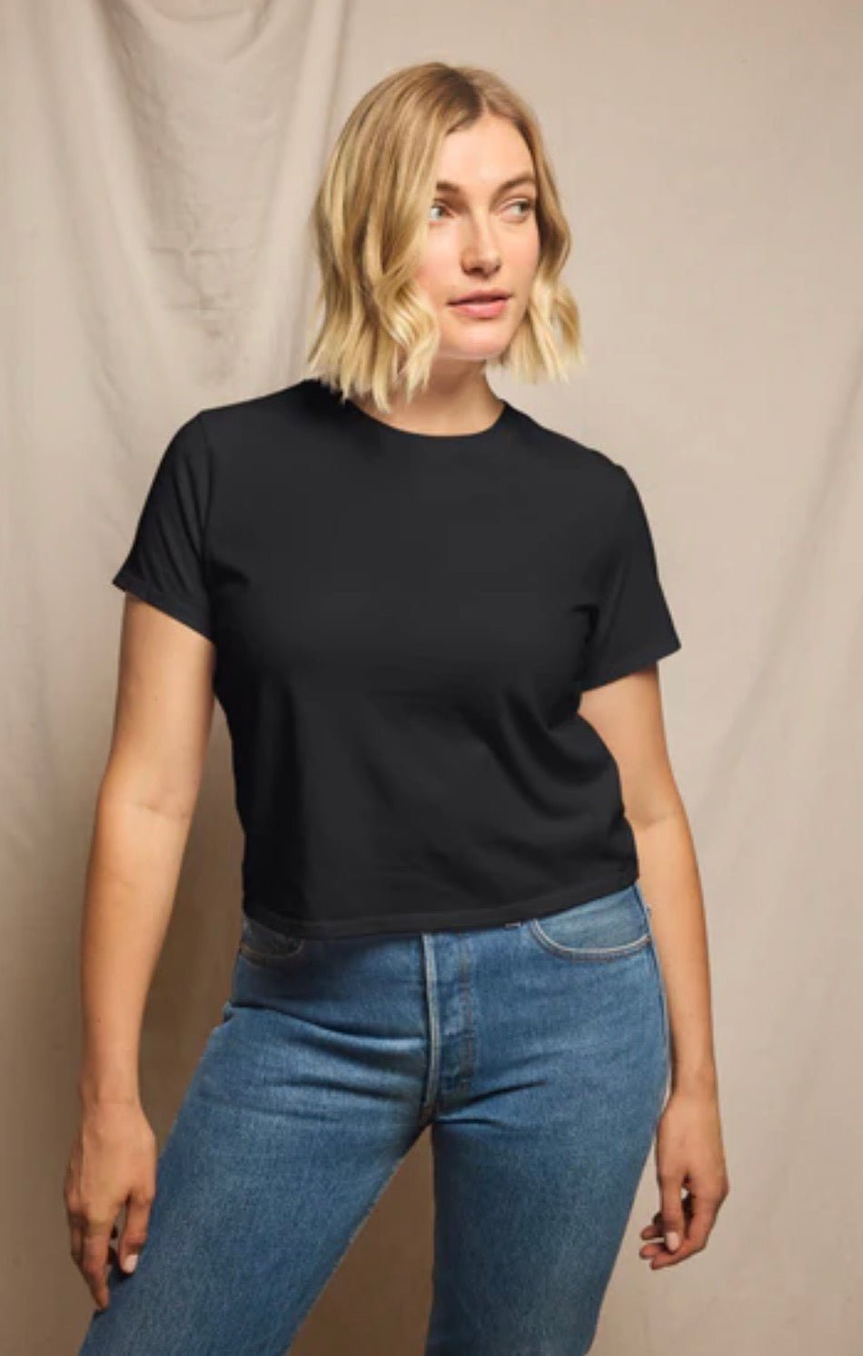 Back view of the Perfect Black Tee, a black mid-weight cotton crew tee