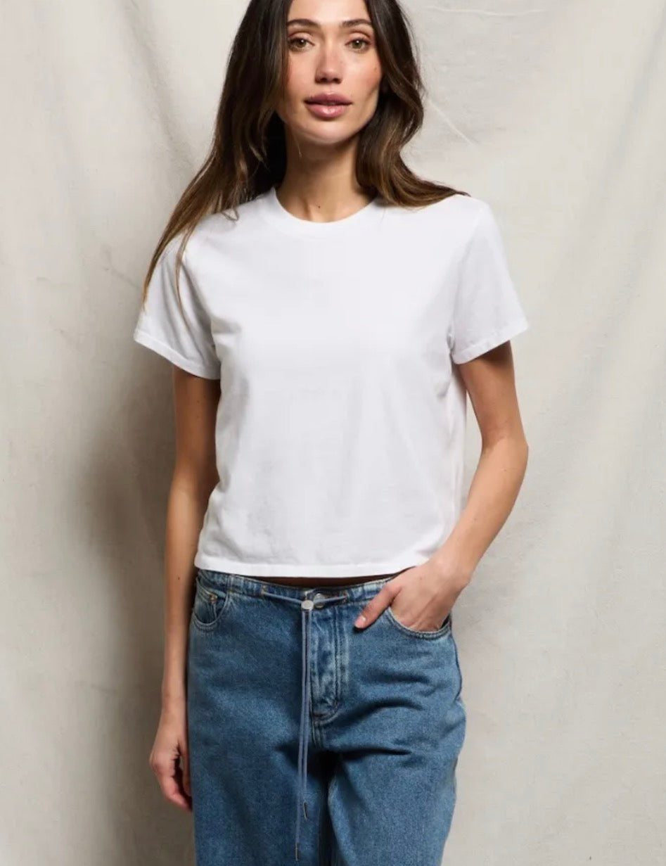 Perfect White Tee, a white mid-weight cotton crew tee, worn front view