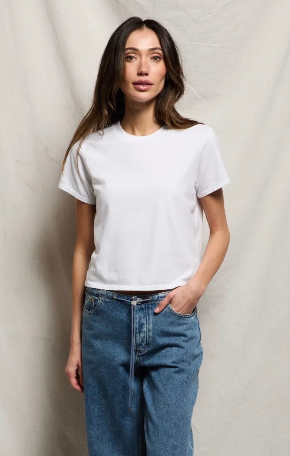 Perfect White Tee, a white mid-weight cotton crew tee, worn front view