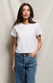 Perfect White Tee, a white mid-weight cotton crew tee, worn front view