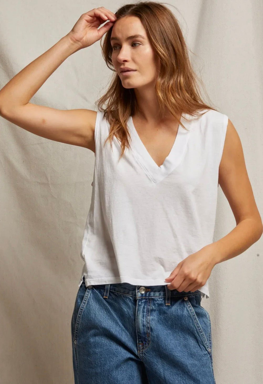 Perfect V-Neck Tank, a soft cotton V-neck sleeveless tee, worn front view