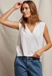 Perfect V-Neck Tank, a soft cotton V-neck sleeveless tee, worn front view