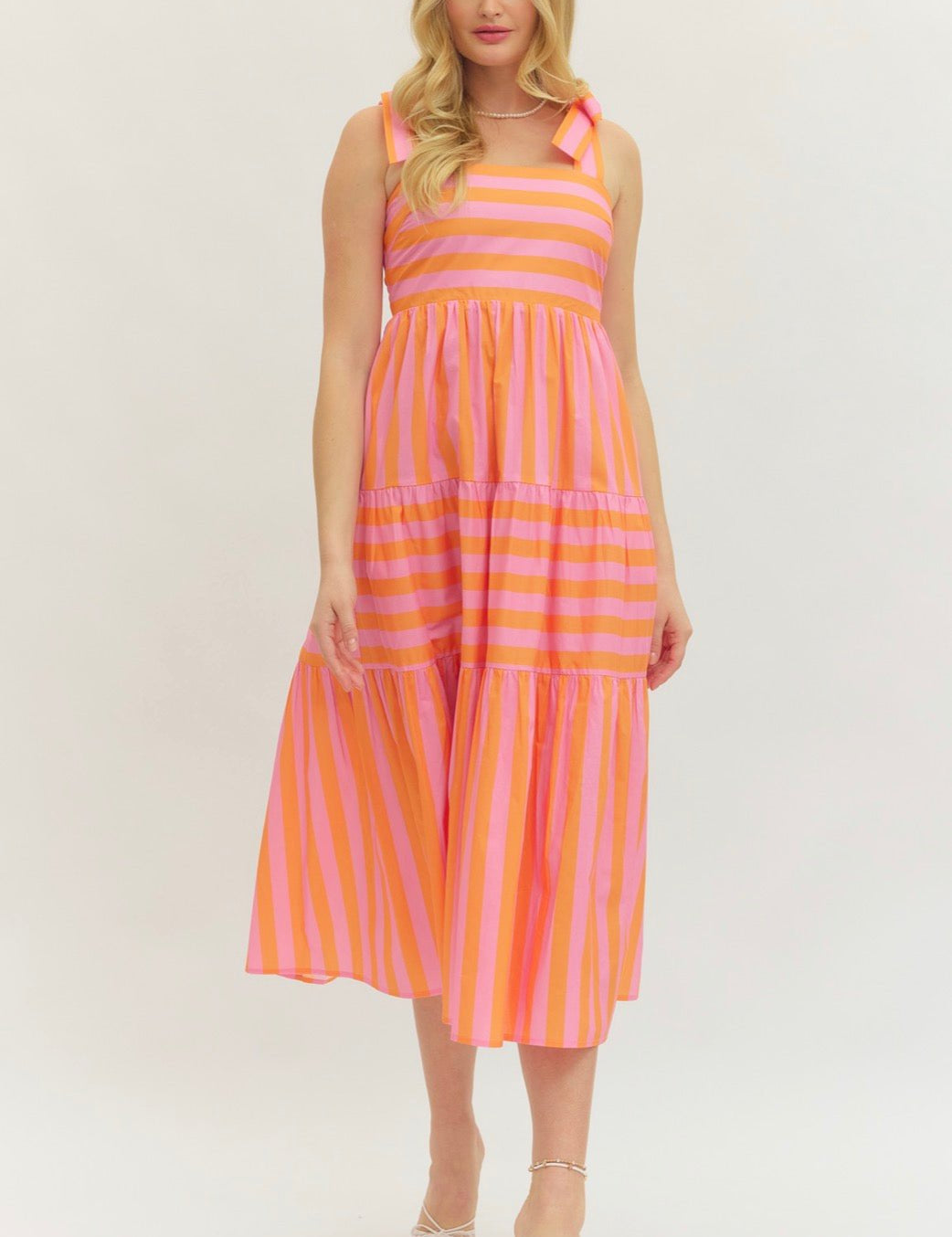 Perfectly Striped Dress, a pink and orange horizontal stripe midi, worn front view