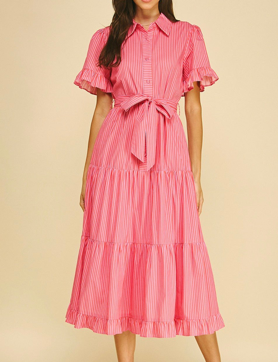 Pretty In Pink Dress, a pink striped maxi shirt dress, worn front view