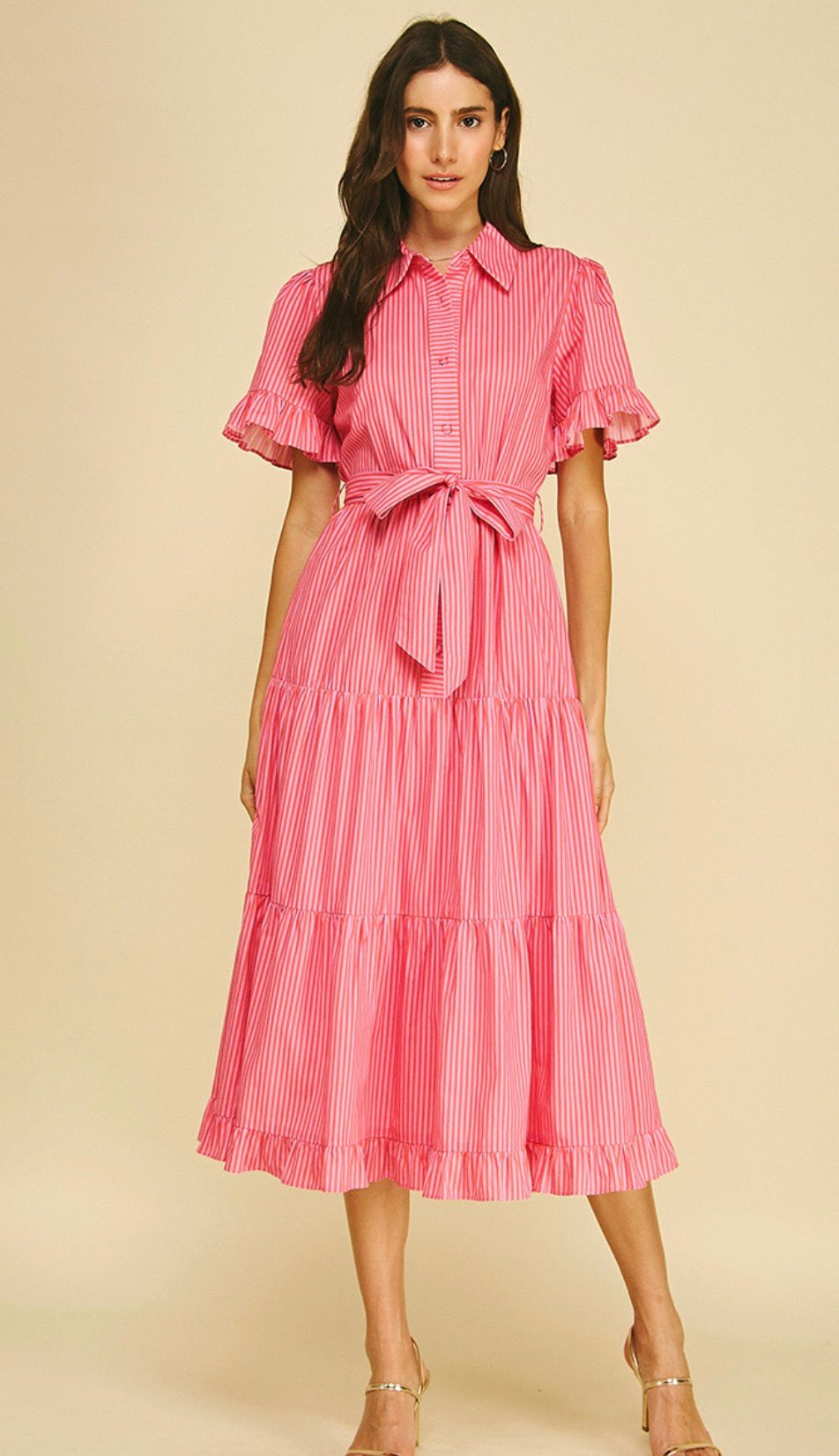 Pretty In Pink Dress, a pink striped maxi shirt dress, worn front view