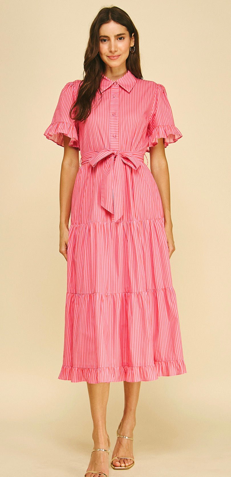 Back view of the Pretty In Pink Dress, a pink striped maxi shirt dress