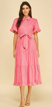 Back view of the Pretty In Pink Dress, a pink striped maxi shirt dress