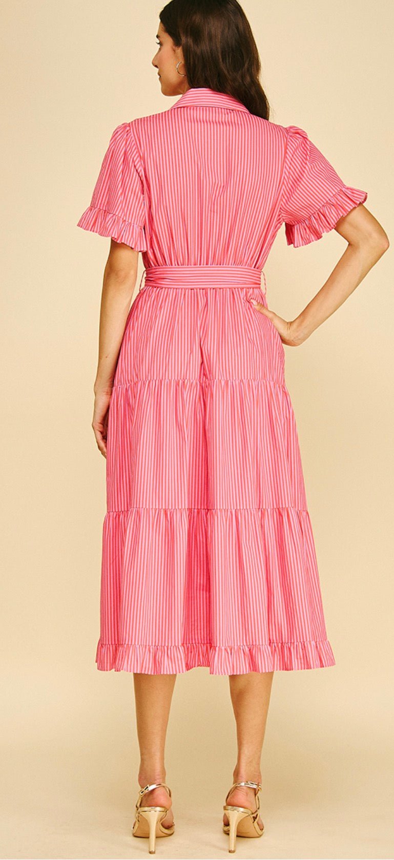 Close-up of the collared neckline and button front on the Pretty In Pink Dress