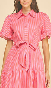 Pretty In Pink Dress styled full length, a pink striped maxi shirt dress – Lady & Tucker