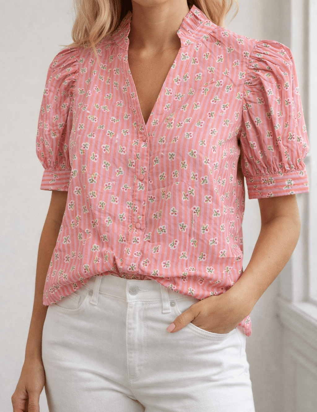 Sweet Cherry Top, a pink stripe blouse with mini floral print, worn front view – Lady & Tucker