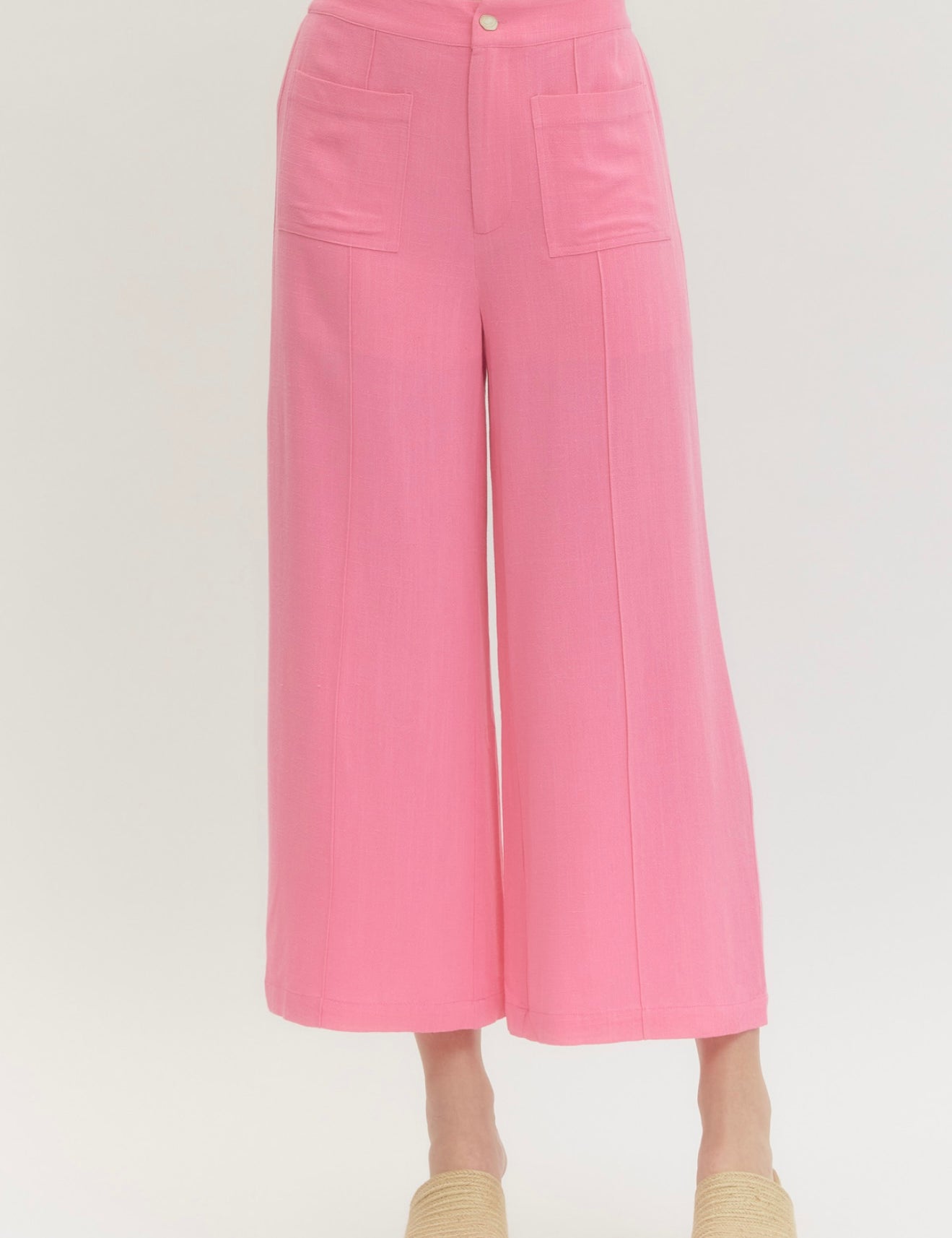 Pink Palazzo Pants, airy pink wide-leg trousers, worn front view