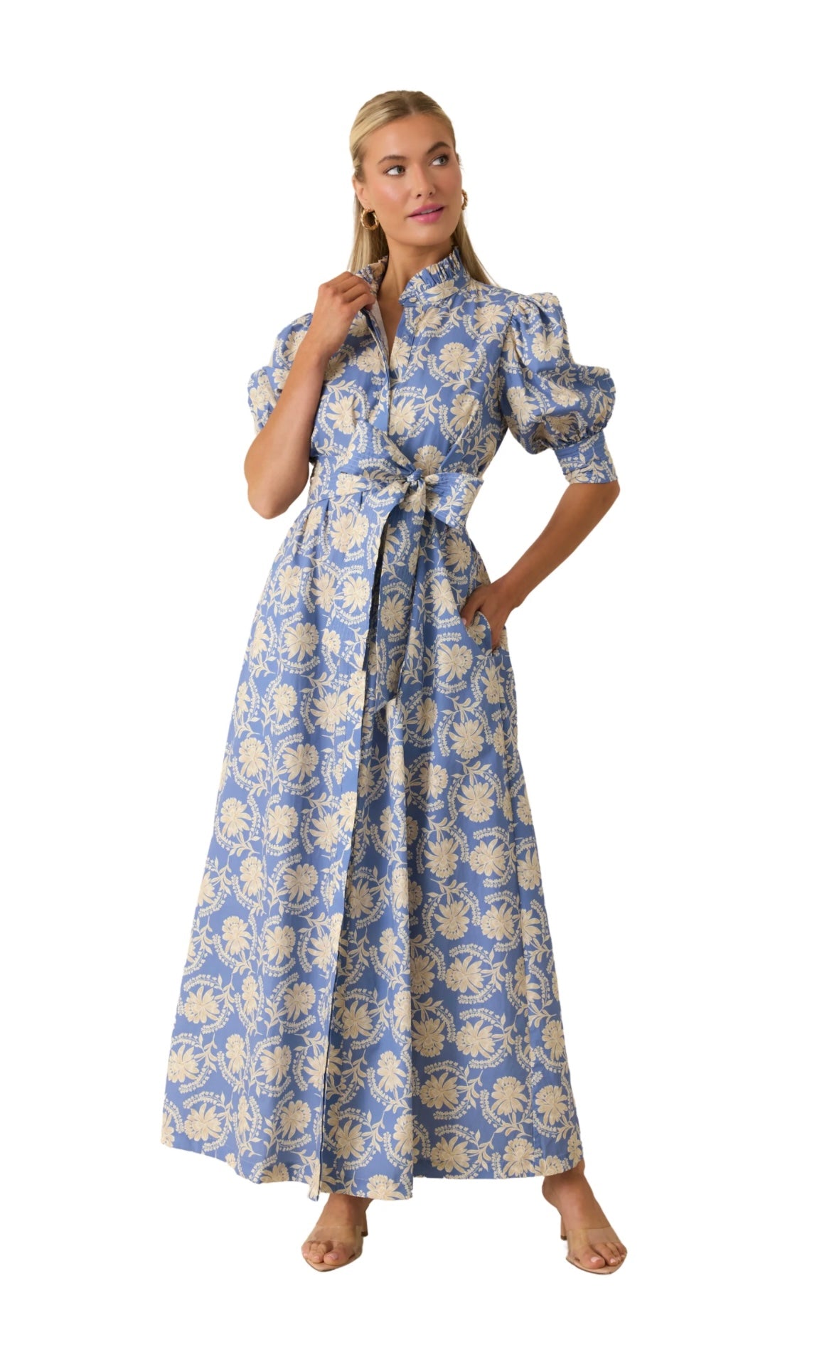 Marianne Maxi Dress, a powder blue floral block-print maxi, worn front view