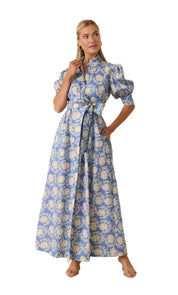 Marianne Maxi Dress, a powder blue floral block-print maxi, worn front view