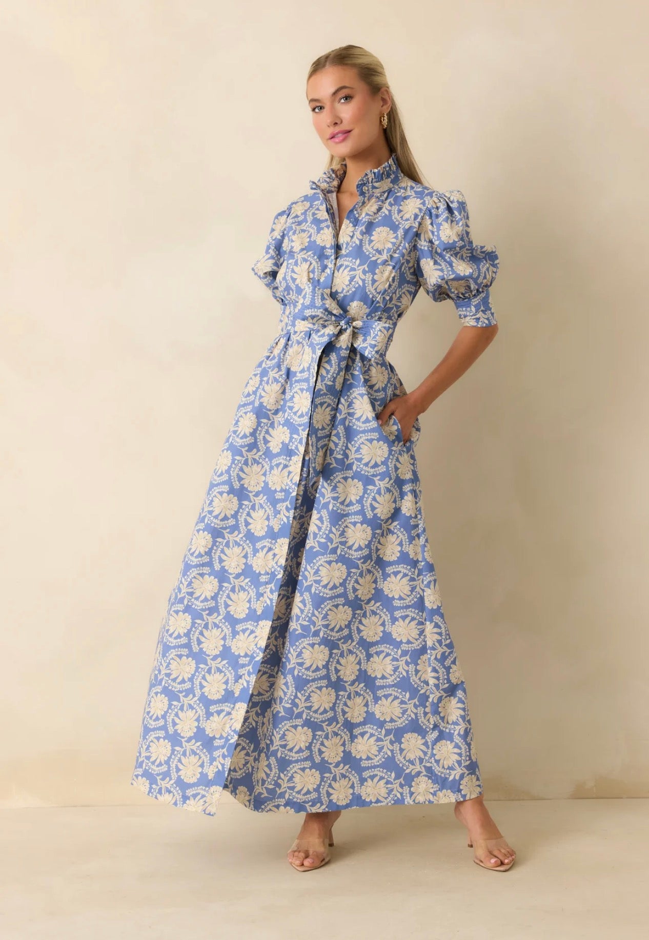 Back view of the Marianne Maxi Dress, a powder blue floral block-print maxi – Lady & Tucker