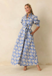 Back view of the Marianne Maxi Dress, a powder blue floral block-print maxi – Lady & Tucker