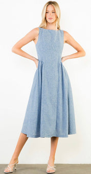 Close-up of the bateau neckline and linen-look texture on the Daily Denim Dress