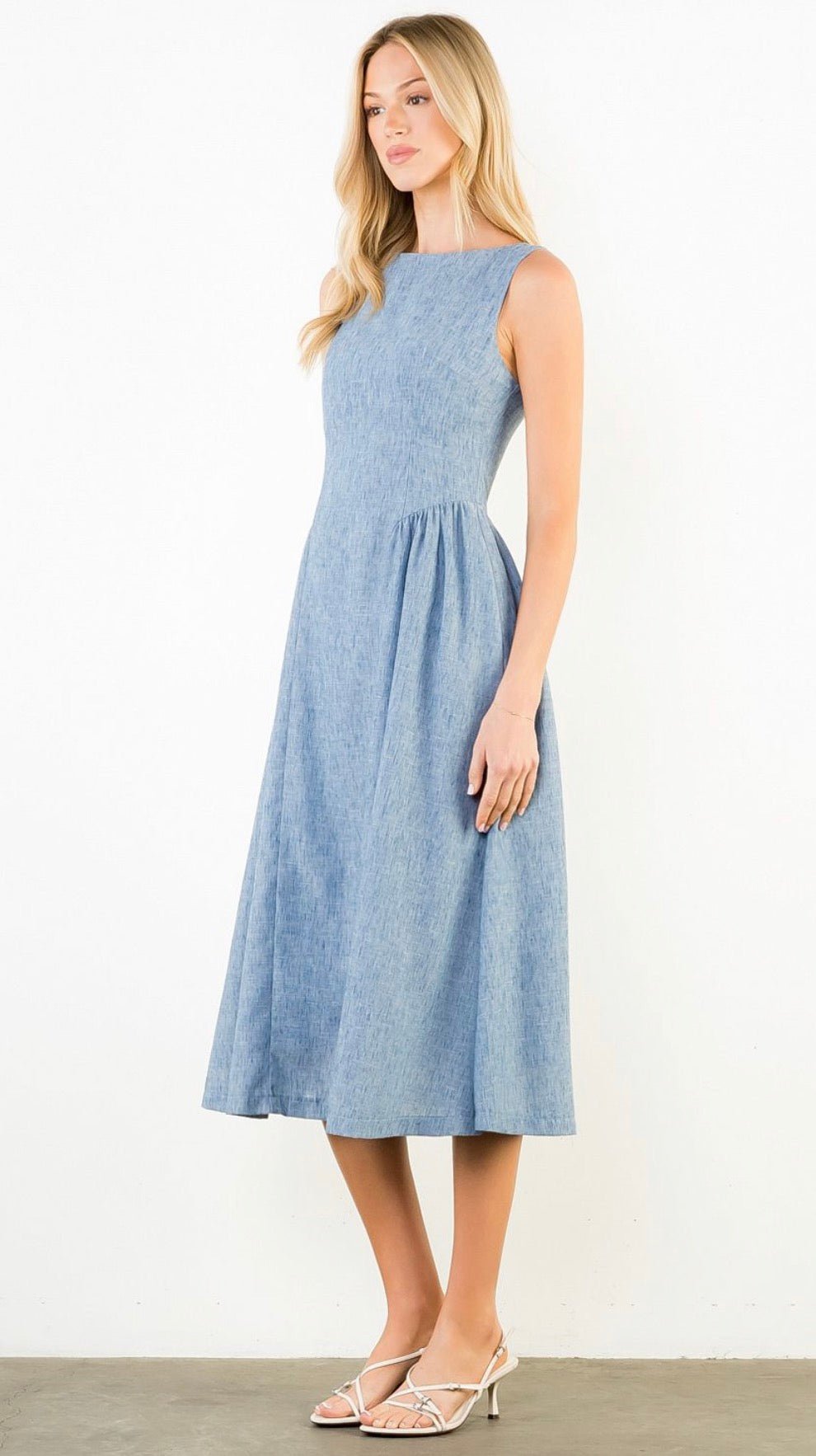 Daily Denim Dress styled full length, a powder blue chambray bateau-neck midi