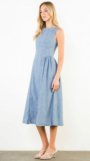 Daily Denim Dress styled full length, a powder blue chambray bateau-neck midi