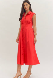 Firecracker Red Maxi Dress, a red sleeveless collared midi, worn front view
