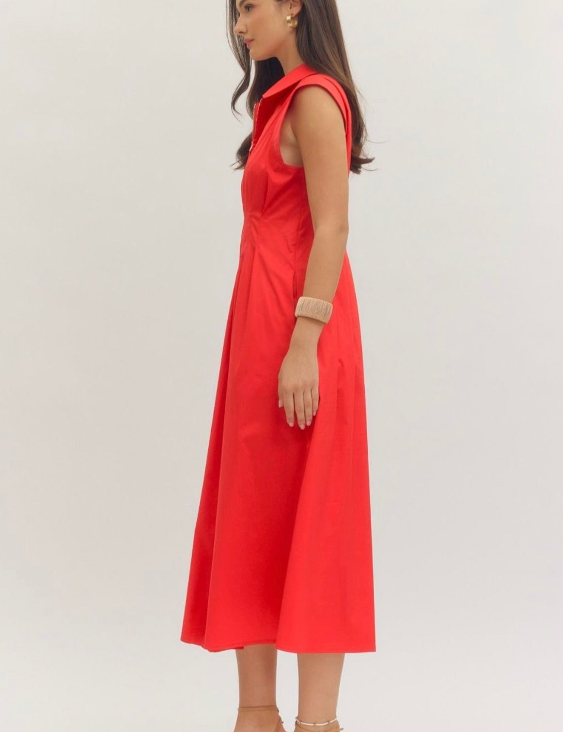 Back view of the Firecracker Red Maxi Dress, a red sleeveless collared midi