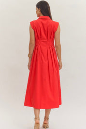 Close-up of the pleated waist and front zipper on the Firecracker Red Maxi Dress