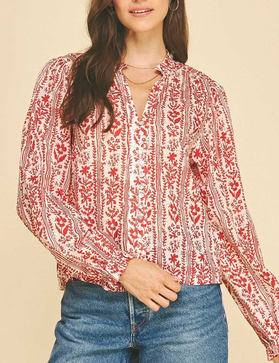 Red Bubble Top, a red floral block-print bubble blouse, worn front view