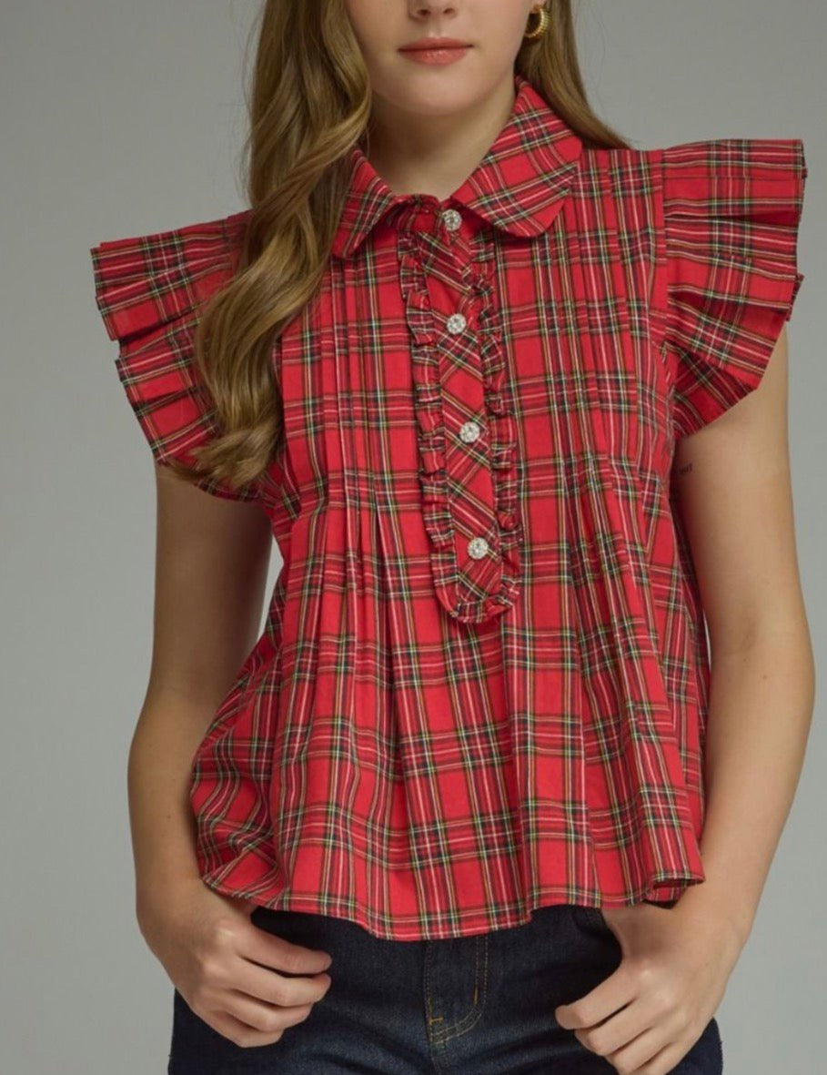 Hadley Holiday Top, a red tartan plaid blouse with jeweled buttons, worn front view