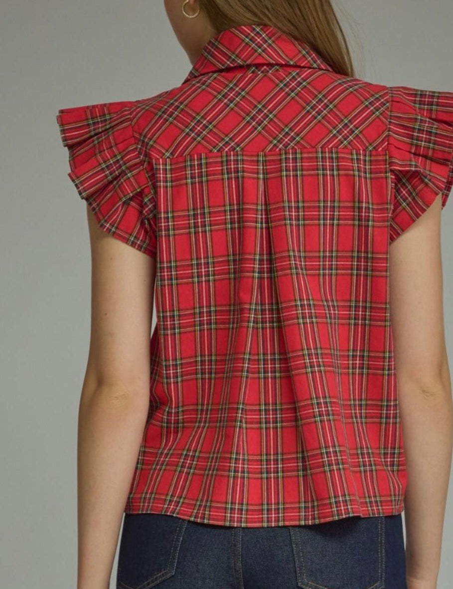 Back view of the Hadley Holiday Top, a red tartan plaid blouse with jeweled buttons
