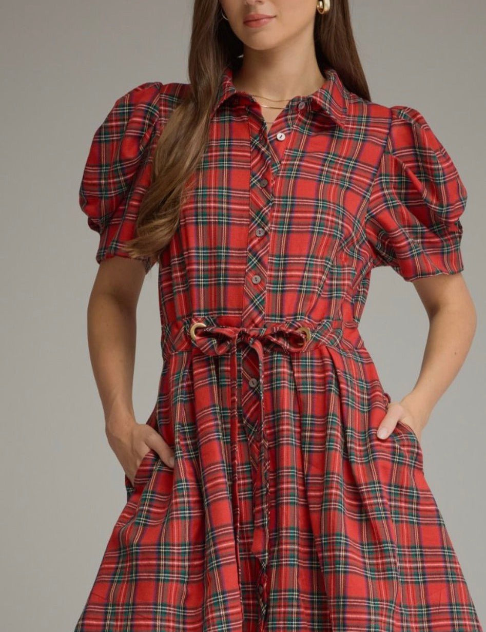 Highland Holiday Dress, a red tartan plaid mini with puff sleeves, worn front view