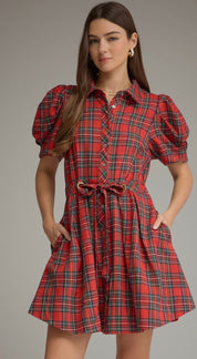 Highland Holiday Dress, a red tartan plaid mini with puff sleeves, worn front view