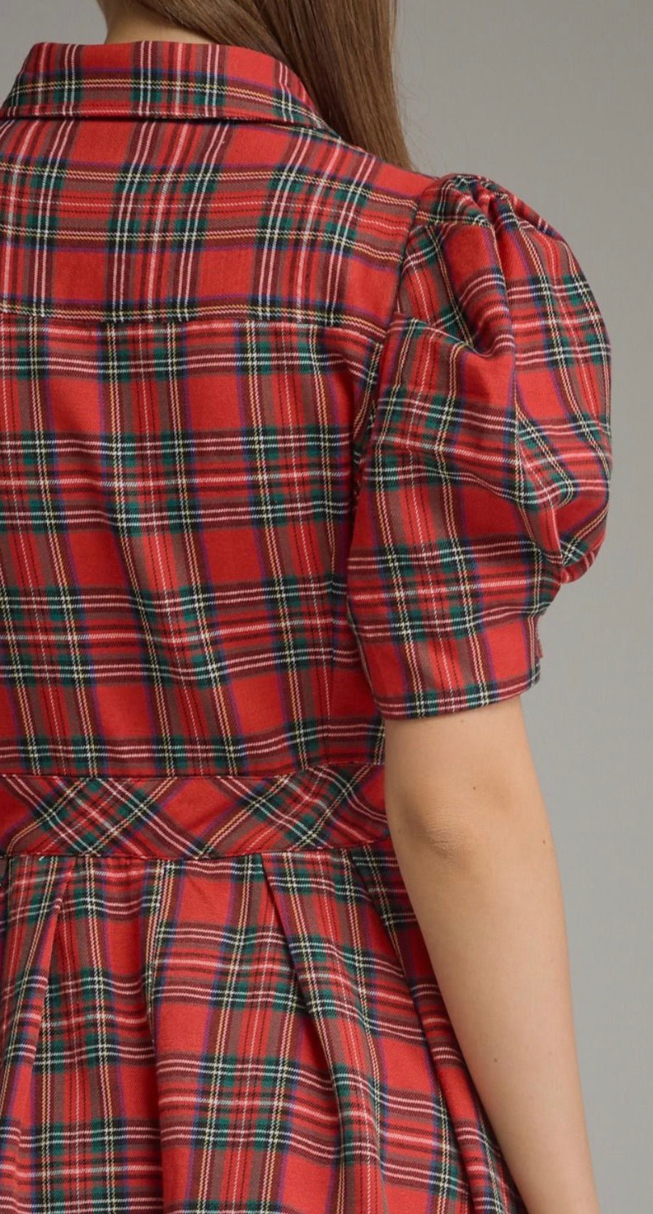 Highland Holiday Dress styled full length, a red tartan plaid mini with puff sleeves – Lady & Tucker