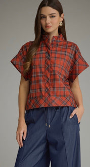 Foxcroft Plaid Top, a red tartan stand collar top, worn front view