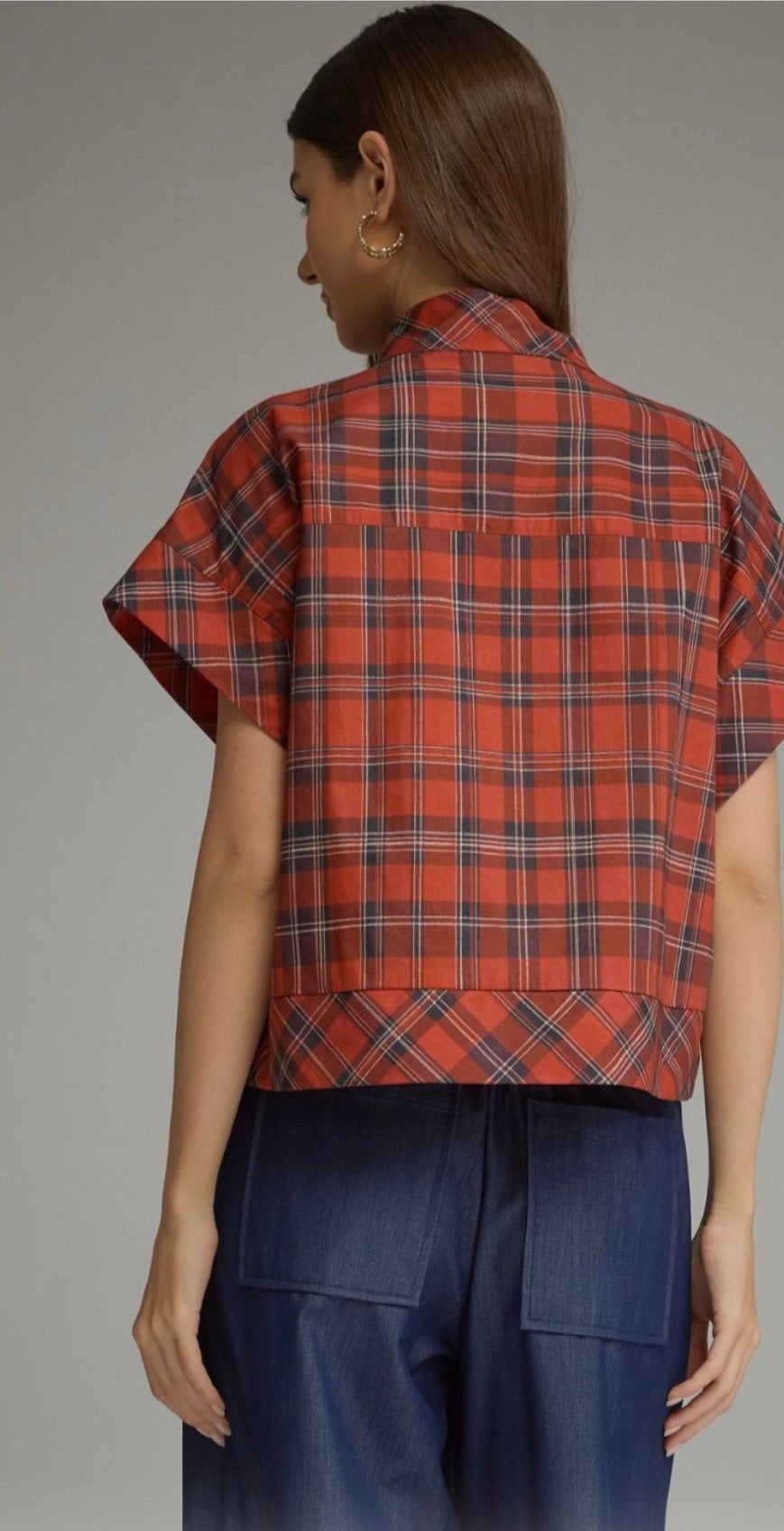 Foxcroft Plaid Top styled on model, a red tartan stand collar top