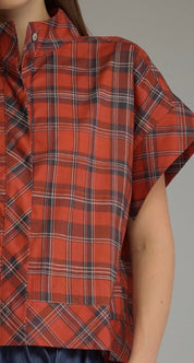 Side view of the Foxcroft Plaid Top showing the stand collar and concealed placket
