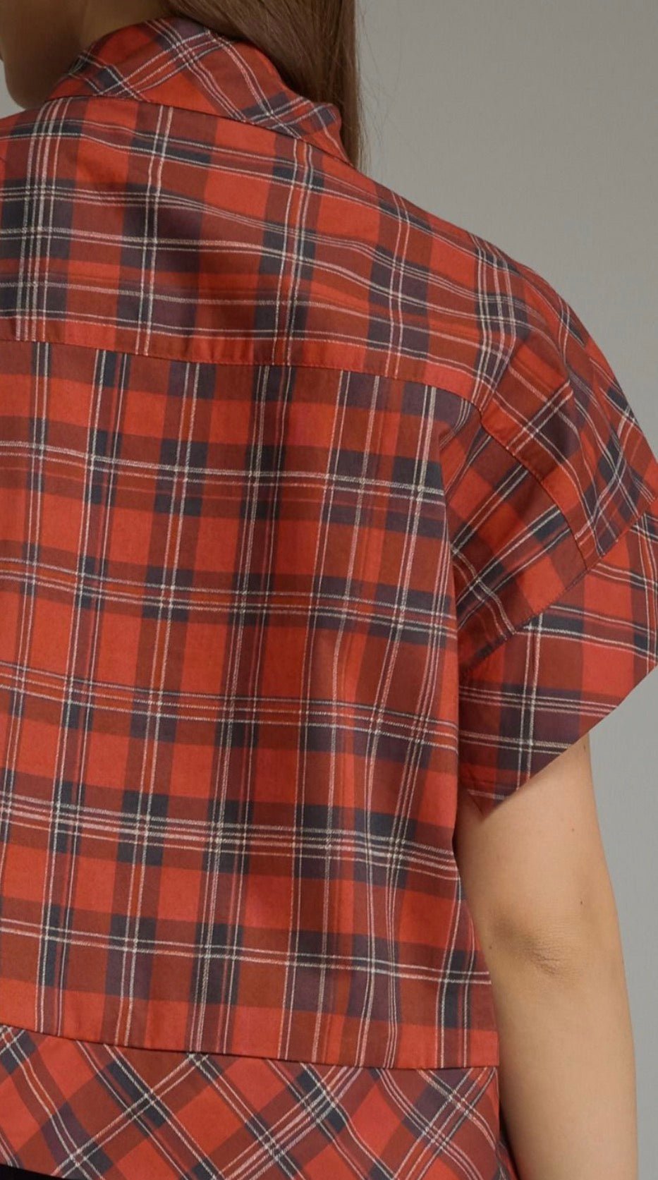 Foxcroft Plaid Top shown on model, another view of a red tartan stand collar top – Lady & Tucker