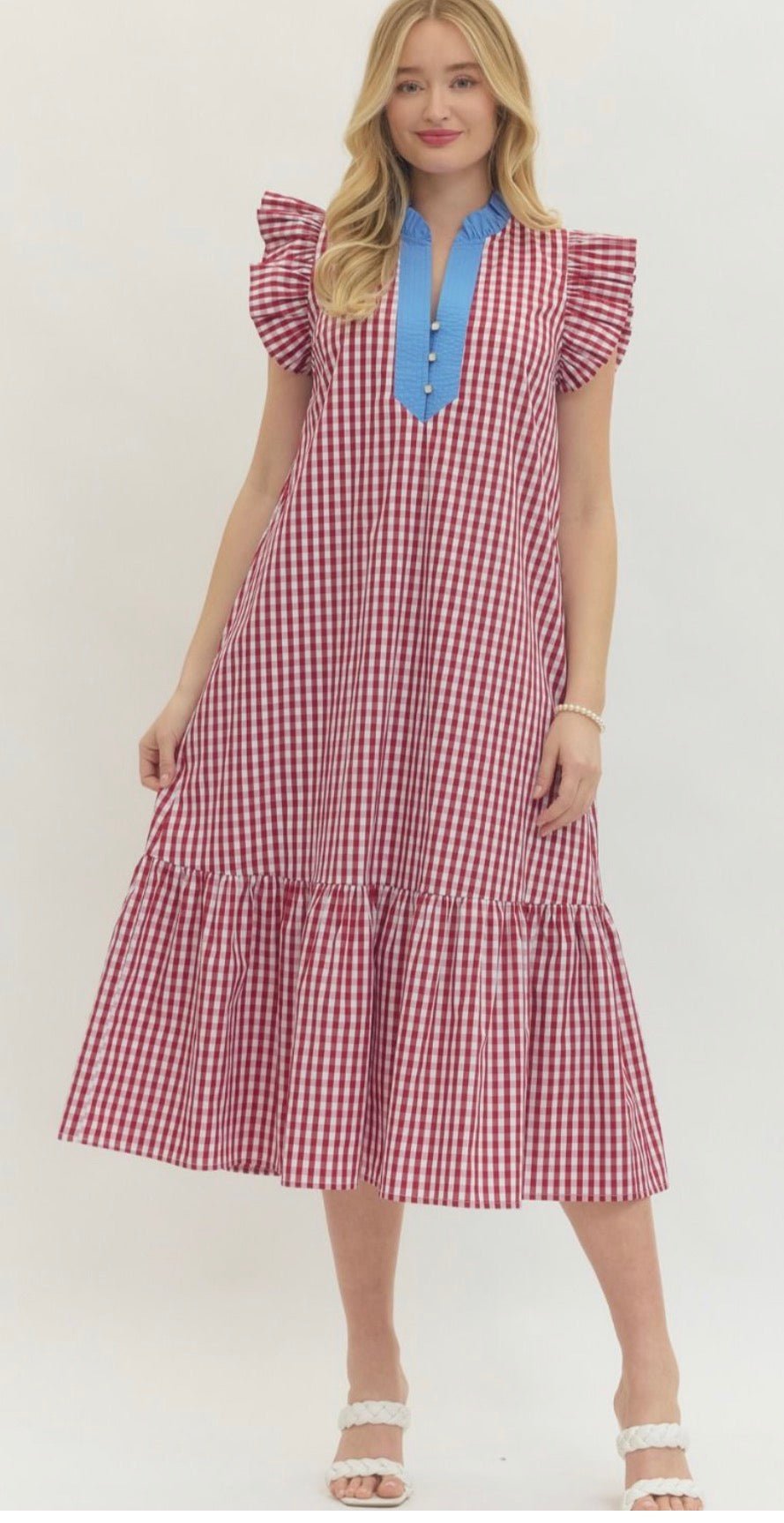 Gingham RWB Dress, a red and white gingham dress, worn front view