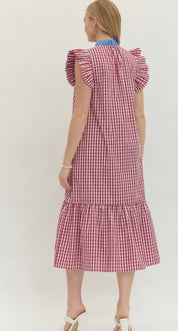 Back view of the Gingham RWB Dress, a red and white gingham dress