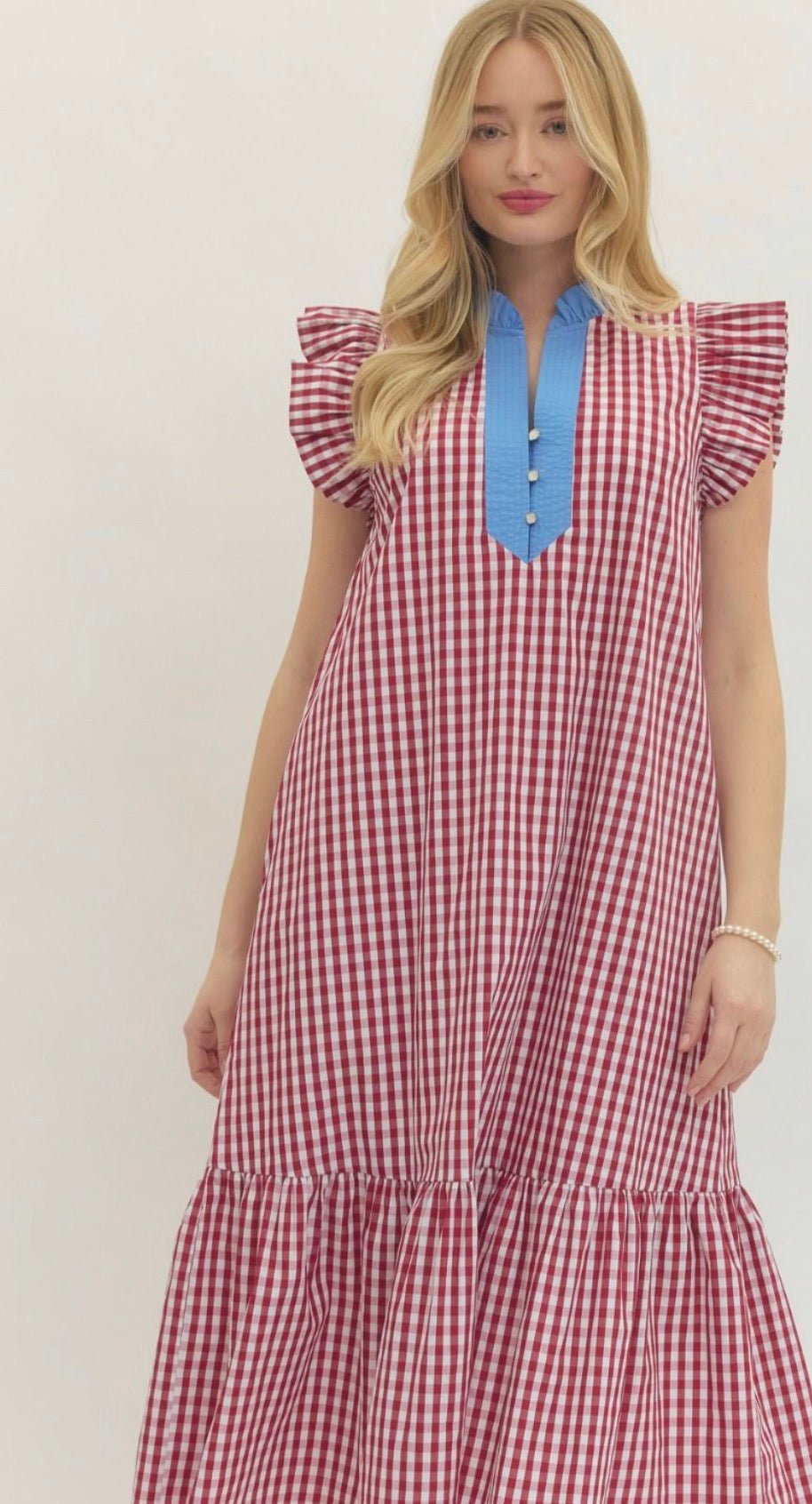 Close-up of the red gingham print on the Gingham RWB Dress