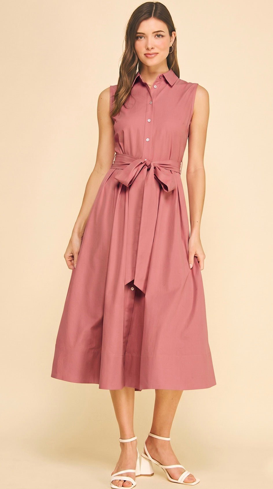Back view of the Rose Pink Classic Dress, a sleeveless rosewood pink shirt dress – Lady & Tucker