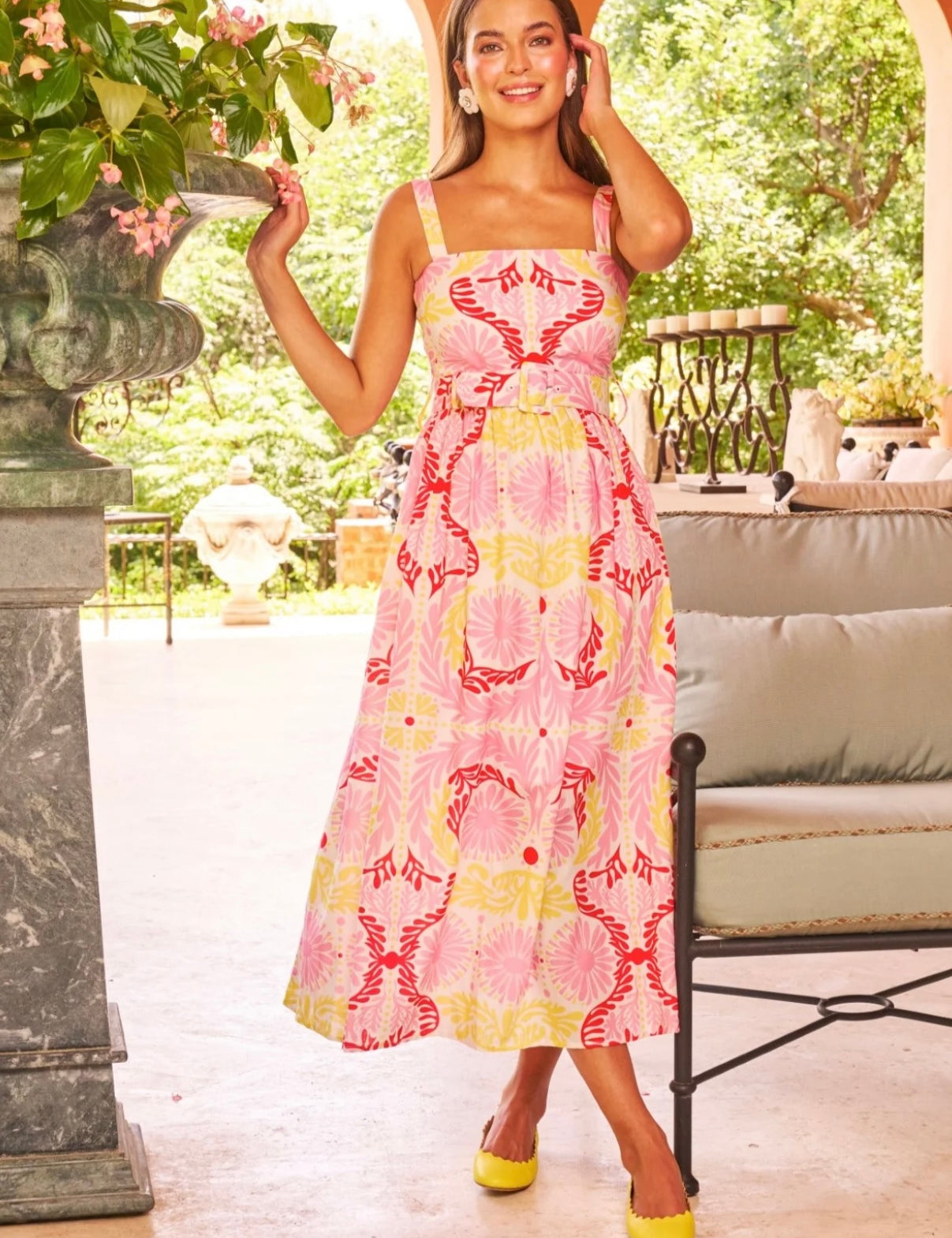 San Miguel Dress, a Sheridan French belted twirl dress, worn front view