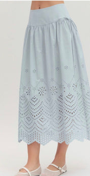 Back view of the Sky Blue Eyelet Skirt, a light blue eyelet midi skirt