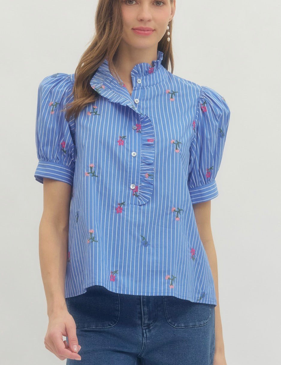 Brenda Rose Top, a sky blue pinstripe preppy blouse, worn front view