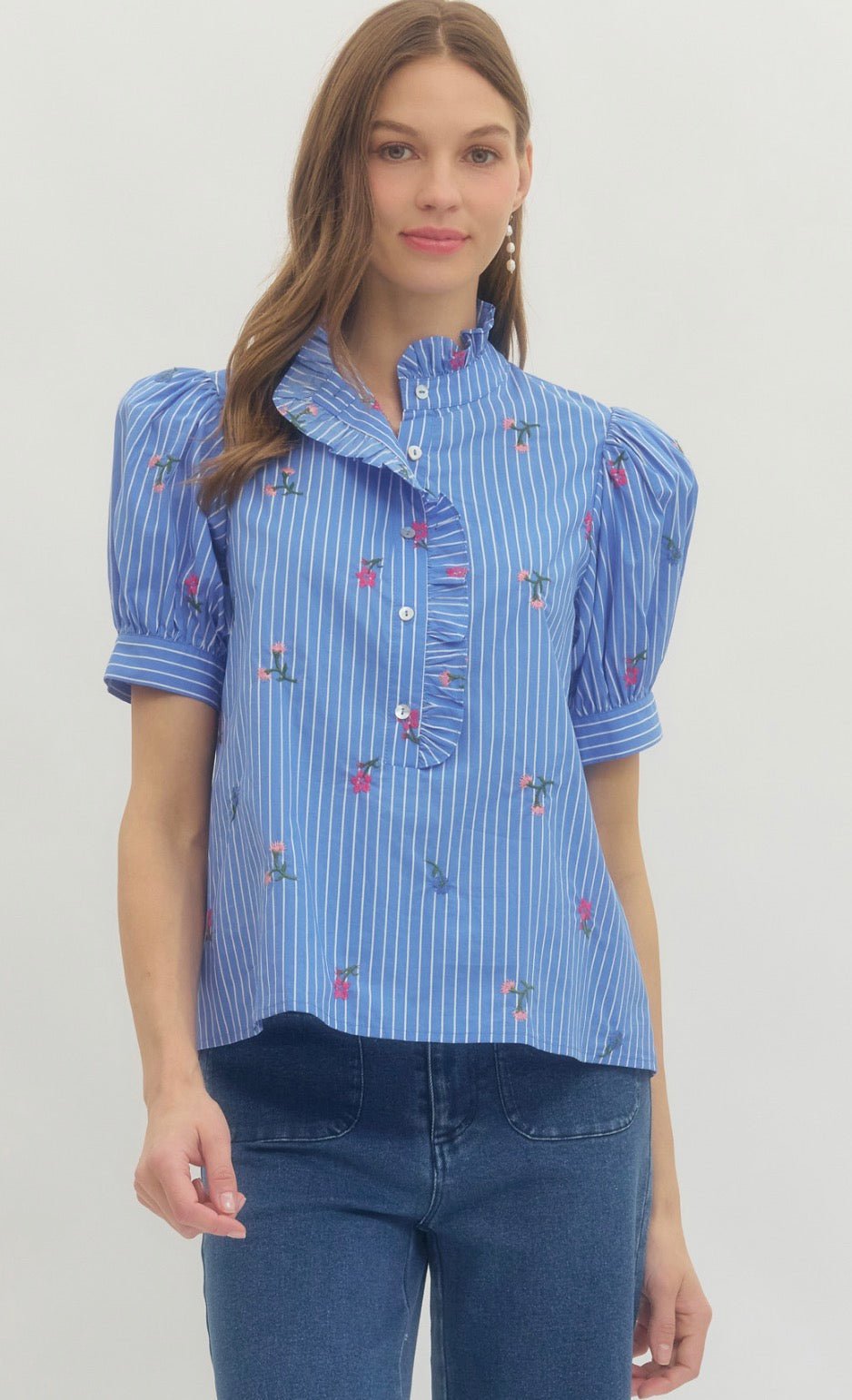 Brenda Rose Top, a sky blue pinstripe preppy blouse, worn front view
