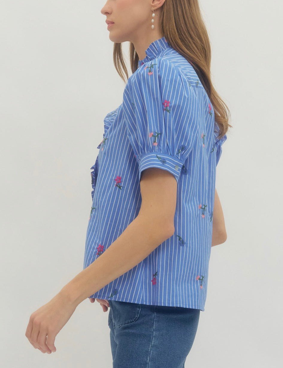 Back view of the Brenda Rose Top, a sky blue pinstripe preppy blouse