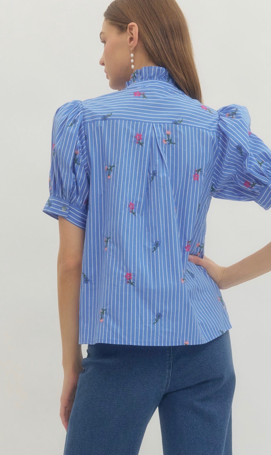 Close-up of the sky blue pinstripes on the Brenda Rose Top – Lady & Tucker