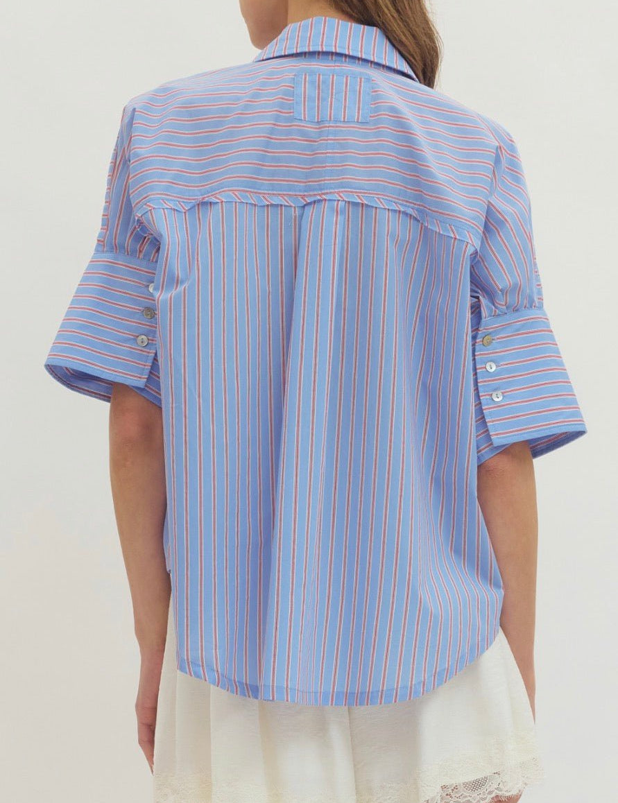 Back view of the Blue Preppy Top, a sky blue pinstripe button-down – Lady & Tucker