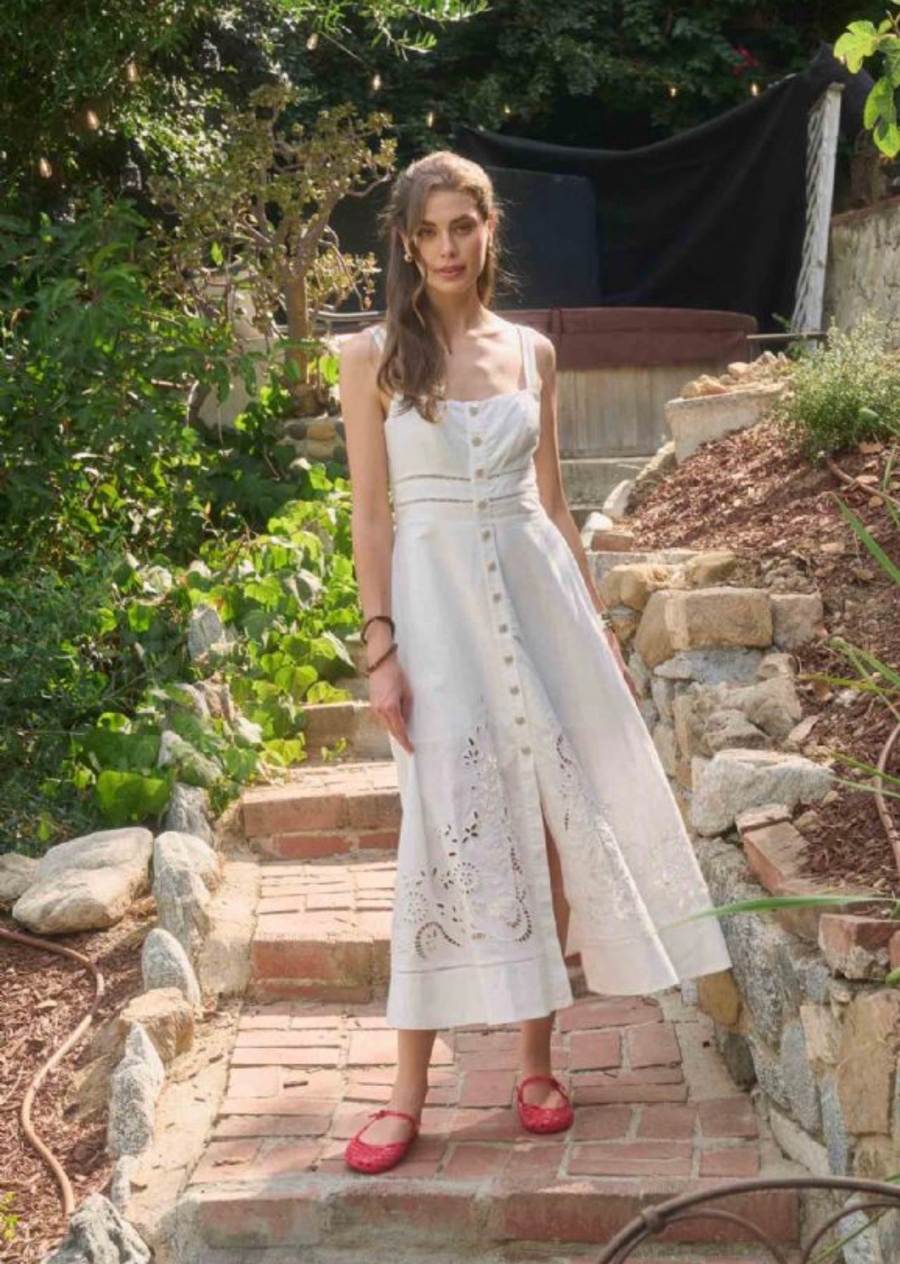Sleeveless Eyelet Midi Dress, a sleeveless eyelet midi dress, worn front view
