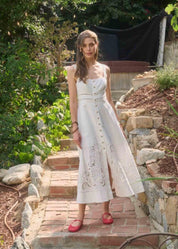 Sleeveless Eyelet Midi Dress, a sleeveless eyelet midi dress, worn front view