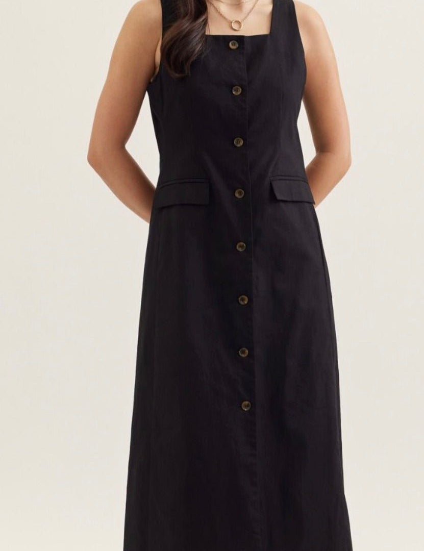 Monaco Dress, a sleeveless square-neck midi dress, worn front view