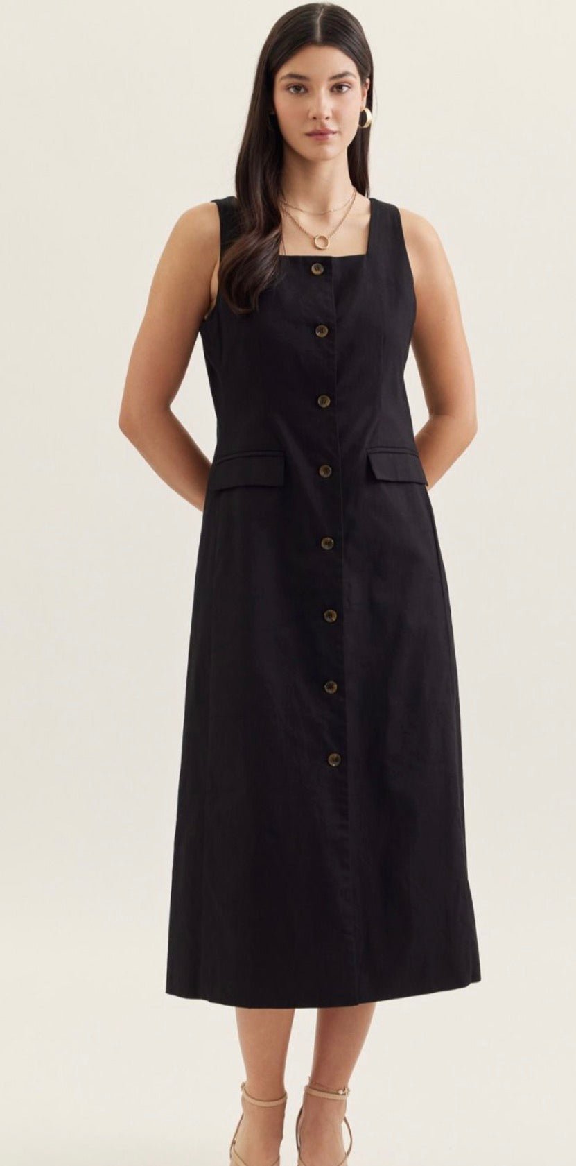 Monaco Dress, a sleeveless square-neck midi dress, worn front view